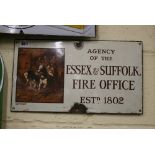 An enamel advertising sign for The Agency of Essex & Suffolk Fire Office, Established. 1802, with