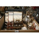 A carton of silver-plated items, including an EPBM coffee pot, four cases of cutlery, etc. FOR