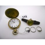 A lady's 9 ct gold wrist watch, three gem set rings and a full hunter pocket watch. FOR DETAILS OF