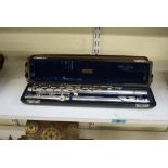 A 1940s Selmer silver flute, signed Selmer New York 4398, concert pitch, Boehm system, 15 ozt gross,
