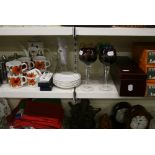 A shelf and a quarter with tea services, including Royal Albert 'Old Country Roses', coffee pots,
