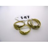 Four 9 ct gold rings, estimated weight 9.2 gm. FOR DETAILS OF ONLINE BIDDING ON THIS LOT CONTACT