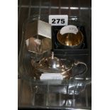 A modern small silver tumbler cup, London 2000, an inscribed mustard pot, and a napkin ring, 4.2 ozt