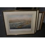 A pair of French coloured lithographs, topographic views of Barcelona after A. Guesdon (28 x 43 cm),