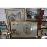 A Chinese painting and needlework landscape on silk, signed and stamped with seal (65 x 65 cm),