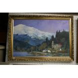 D.M.H. an oils on panel of snow-capped hills with church and cottages by a river, signed with