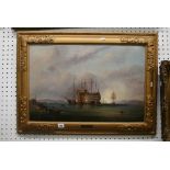 Arthur Wellington Fowles (1815-1883), oils on canvas, Prison Hulks off the Isle of Wight, signed and
