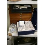 A silver-plated dressing table set, a collector's cabinet, a good millefiori French paperweight,