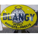 A double sided French enamel advertising sign Blangy Reveil Robuste et Precis with clock, oval