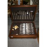 A good Harrods mahogany canteen of EPNS cutlery for eight, in Dubarry pattern, including carvers and