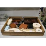 A collection of boxes and other items, Victorian and later, including a papier-mache spectacle case,