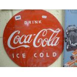 A round enamel Coca Cola advertising sign with white letters on red background (diameter 14 in). FOR