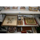 An interesting collection of Masonic items, comprising: a framed French kid apron panel printed with