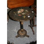 A Victorian occasional table the circular top painted with flowers and inlaid with mother-of-pearl