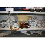 Two shelves of china including Portmeirion Botanic Garden part tea service, a white glazed Thomas