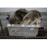 A silver fox fur stole, a similar hat and a black lizard print handbag [upstairs end shelves] FOR