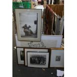 A selection of 10 various framed items comprising prints, etching, a photograph, including a Fred