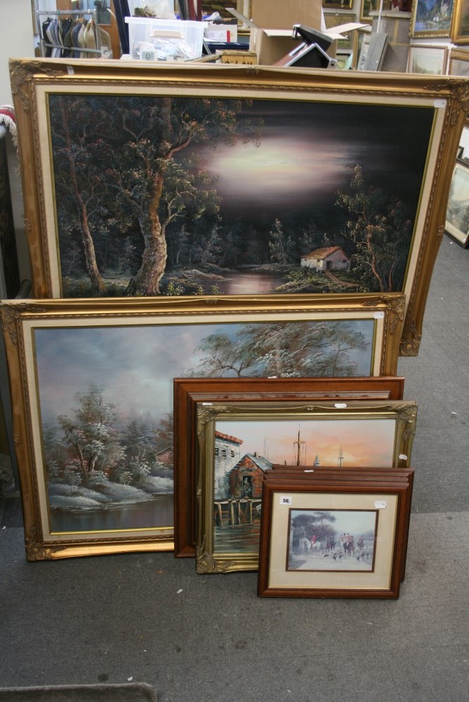 A mixed lot of framed decorative pictures that include oils on canvas woodland scenes, a harbour