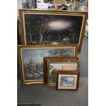 A mixed lot of framed decorative pictures that include oils on canvas woodland scenes, a harbour