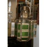A pressed metal and green glass Turkish-style lantern FOR DETAILS OF ONLINE BIDDING ON THIS LOT