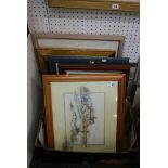 A large miscellaneous collection of various framed items comprising prints, drawings, watercolours