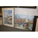 A framed limited edition coloured print of quayside cafés, and an unframed oils on canvas by B. Jea