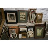 A large collection of various framed items comprising prints, drawings, watercolours and oils that