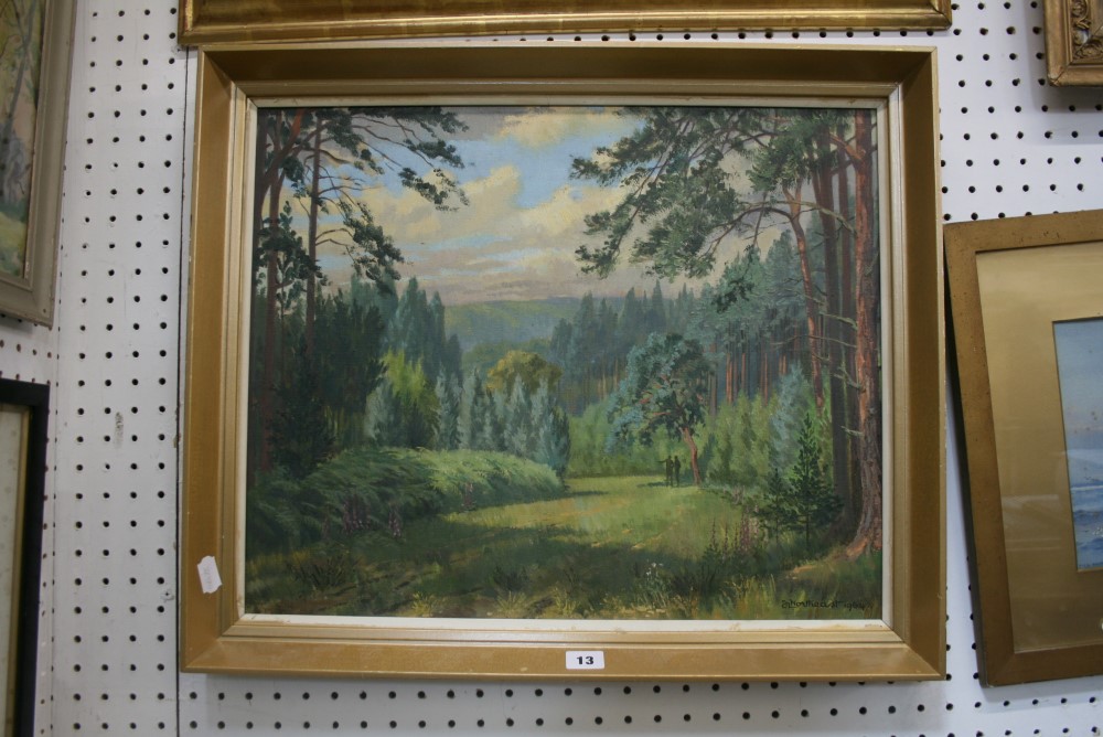 J.L. Northeast, oils on canvas, grass track through woodland, signed and dated 1964 (44 x 54 cm),