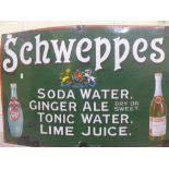 A large green ground enamel Schweppes Soda Water, Ginger Ale, Tonic Water, Lime Juice advertising