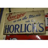 An enamelled sign advertising Horlicks Energy is on the Menu (24 x 12 in). FOR DETAILS OF ONLINE