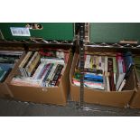 Seven boxes of assorted books including fiction, cricket and other sports, military history, art,