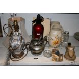 A small mixed lot, including a soda syphon, Chinese-style lamp base, a garniture of Art Deco