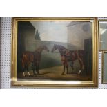 Daniel Clowes (1774-1829), oils on canvas, two bay carriage horses in stable yard, signed (60 x 76