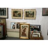 A mixed lot of 12 framed items comprising prints, watercolours and oils, etc., and including a