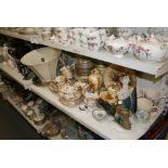 A shelf and a half of decorative items, comprising an early 19th century Coalport white and gold