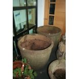 A pair of huge reconstituted stone garden pots, 28 in tall x 30 in diameter [hall] FOR DETAILS OF