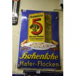 A rare German enamel sign advertising Hohenlohe Minuten-Flocken Feinste Haferspeise kochzeit 3-5