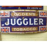 An enamel Ogdens Juggler Tobacco sign with four Union Jacks (22 x 10 in). FOR DETAILS OF ONLINE