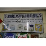 An enamel sign advertising Mohamad Husain Maloobhai & Sons Importers of Celebrated Varnishes,
