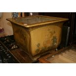 A large Oriental glazed stoneware square jardiniere, in brown decorated with landscapes [Garage,