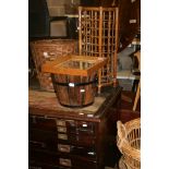 A selection of baskets, a coopered pail, bird's eye maple-framed small mirror, etc. [Garage, on