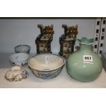 Chinese ceramics, comprising: a celadon pomegranate vase with Qianlong seal mark; a dragon bowl