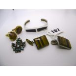 Two pairs of stone cufflinks, an Indian style brooch and a modern enamel bracelet. FOR DETAILS OF