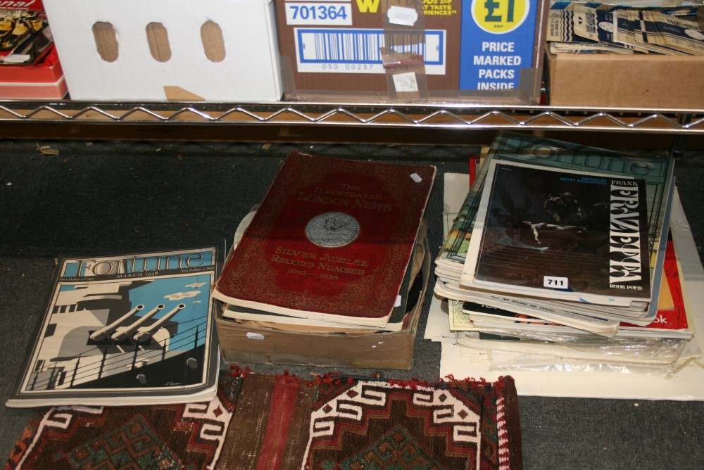 A box of old 78 rpm records including Nelson Eddy, volumes of Fortune Magazine, The Illustrated