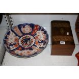 A Japanese Imari porcelain dish circa 1900, 37.5 cm, and a Victorian walnut and parquetry workbox [