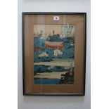 A 19th century Japanese coloured woodblock print of a town square, signed (34 x 23 cm), framed FOR