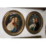 A pair of early 19th century oval reverse glass paintings, the one of Queen Victoria and Prince