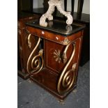 A stylish small Regency rosewood console table, the black marbled galleried top on swan head curling