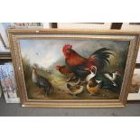 David Hamilton, an oils on canvas of guineafowl, cockerels and Muscovy duck in a landscape, signed