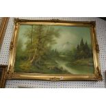 Harvey, oils on canvas, Alpine woodland river landscape, signed (60 x 90 cm), gilt swept frame FOR